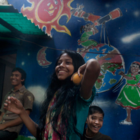 Khadija from Class 7 plays cricket. In Bangladesh, girls are not traditionally encouraged to play cricket. 